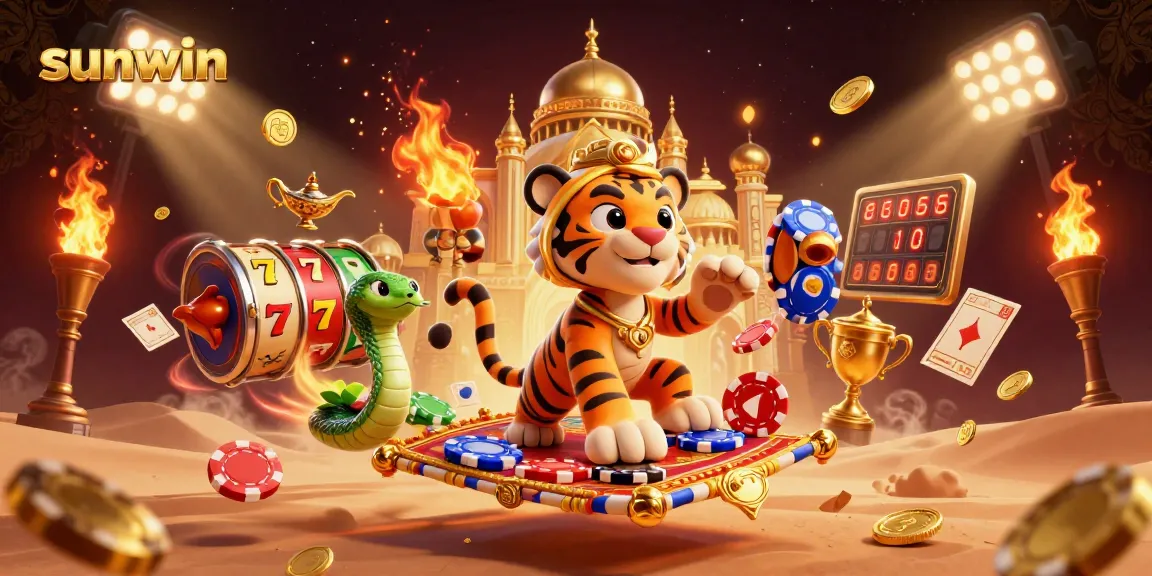 Experience winning moments with Sunwin's vibrant slot-themed casino illustration featuring a tiger sultan.
