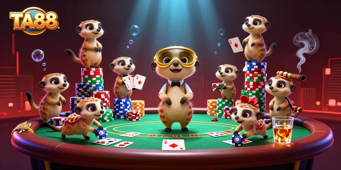 TA88 meerkats managing a lively casino scene filled with poker action and vibrant game elements.