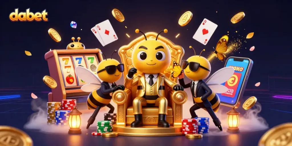 Dabet engages players in a vibrant casino atmosphere with slot reels and animated winning elements.