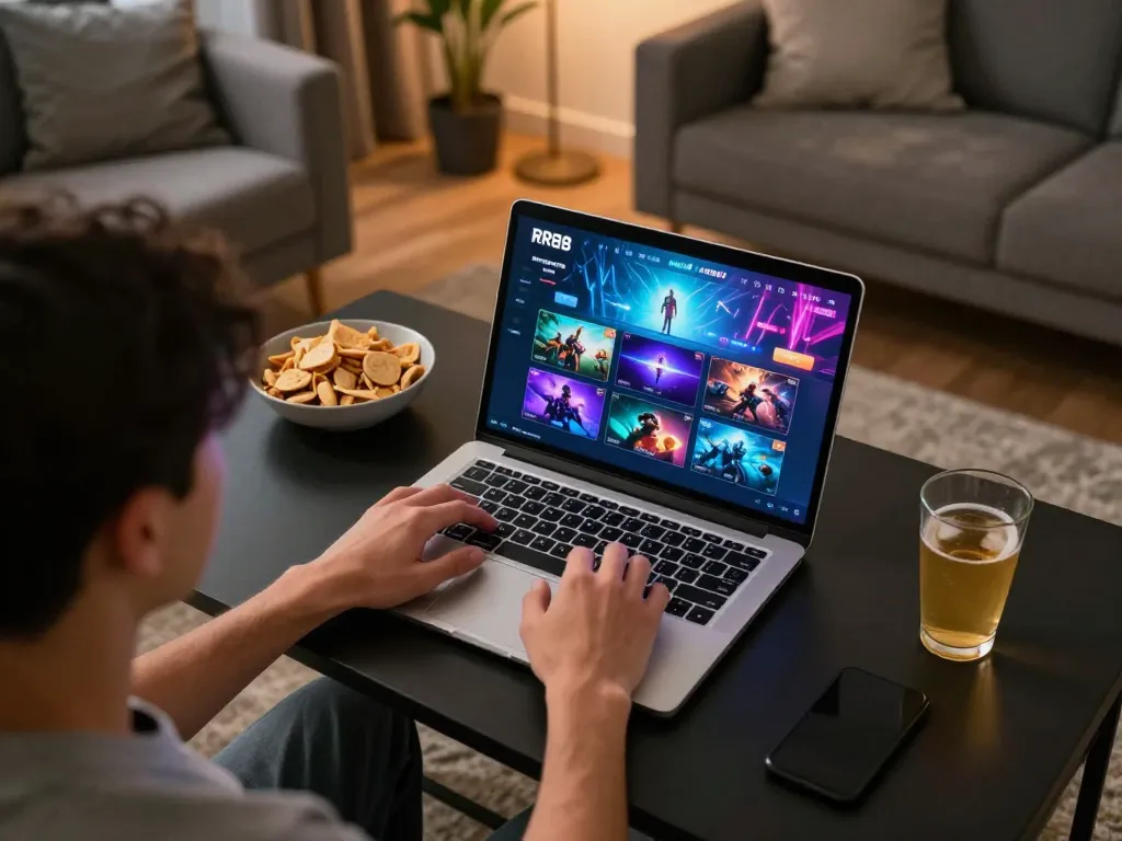 Player enjoys engaging online gaming experience with RR88 on laptop in cozy living room