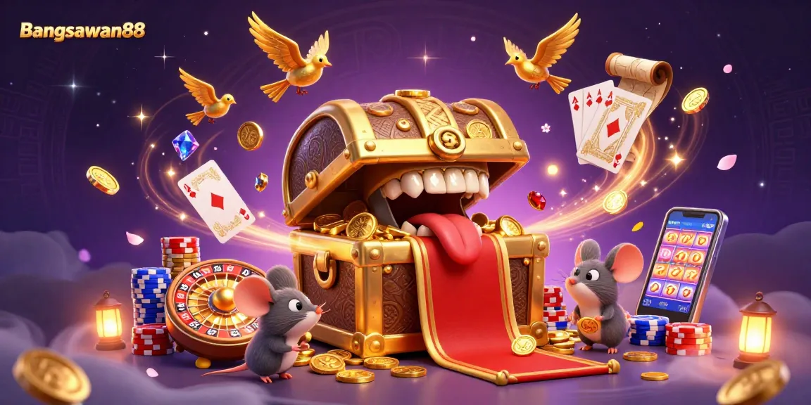 Bangsawan88 captures the excitement of online betting with golden treasure and vibrant casino elements.