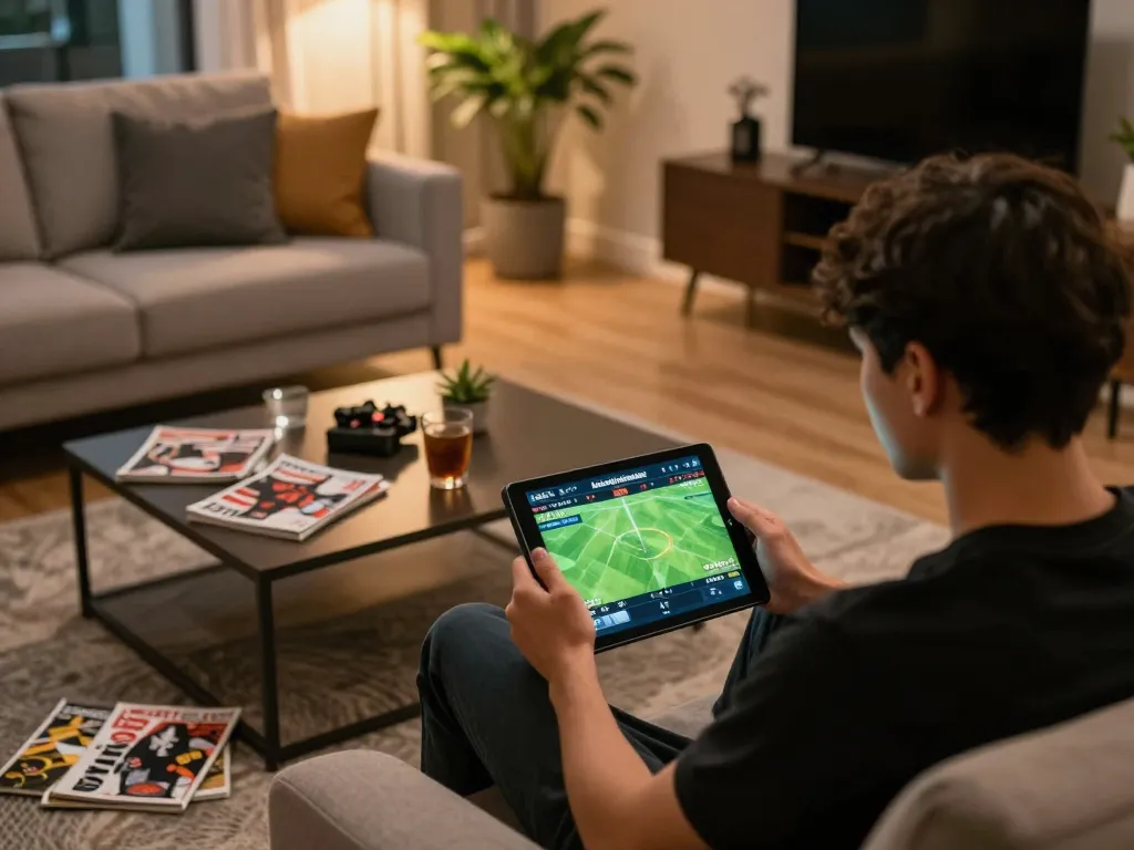 Tracking kết quả bóng đá on a tablet during a cozy online betting session at home.