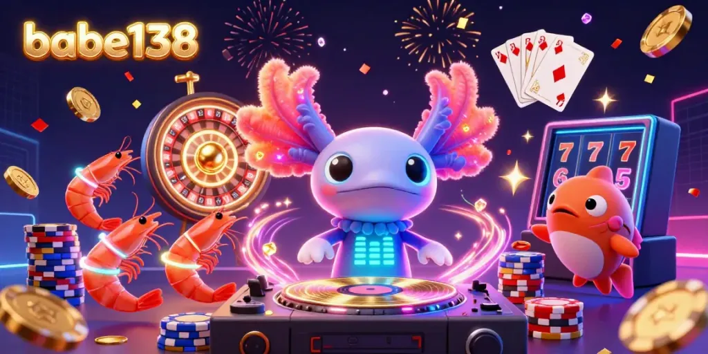 Merayakan momen judi di babe138 dengan DJ axolotl neon dan efek kasino penuh warna.