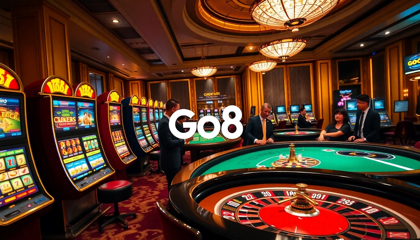 Engaging gamblers at Go8 casino tables focus on winning strategies with vibrant slot machines.