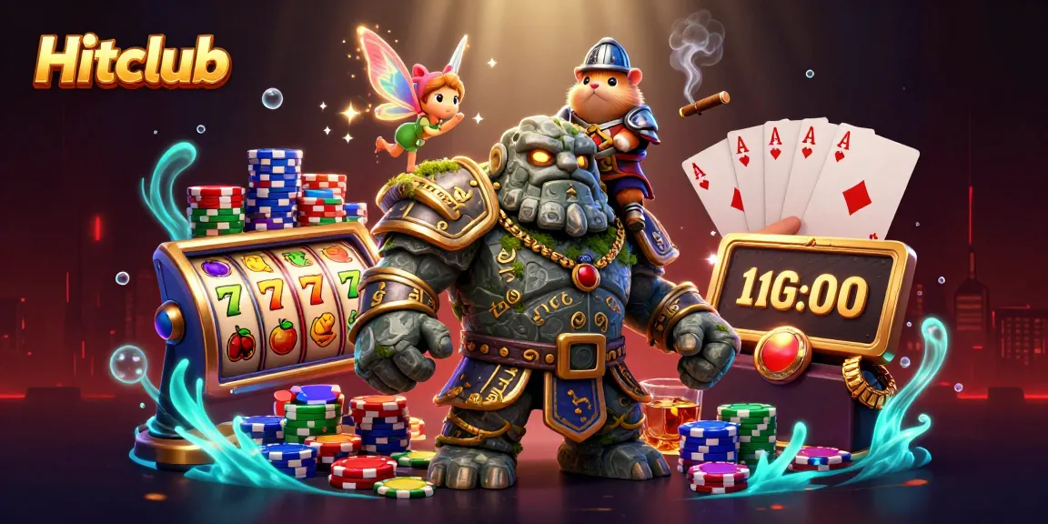 Hitclub showcases a vibrant casino scene with a golem, fairy, and hamster knight amid spinning slot reels.