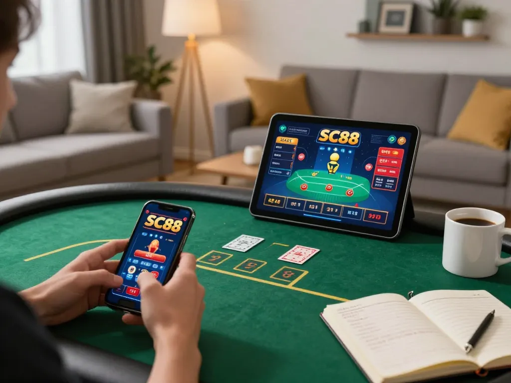 Player engaging with SC88 casino app on smartphone, surrounded by strategic notes.