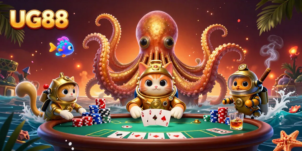 Experience thrilling poker action with UG88 and vibrant illustrated characters in a dynamic casino scene.