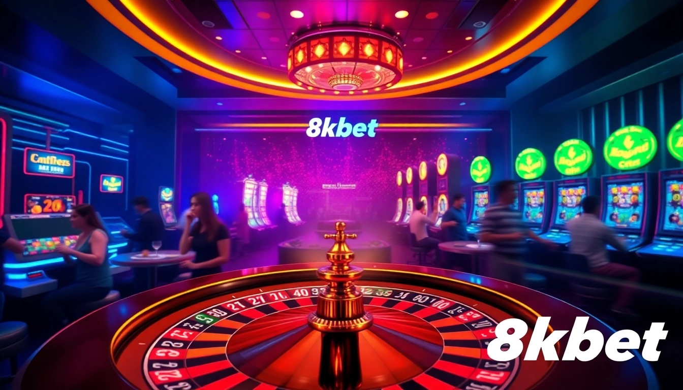 Players enjoying thrilling games at 8kbet online casino with vibrant tables and slot machines.