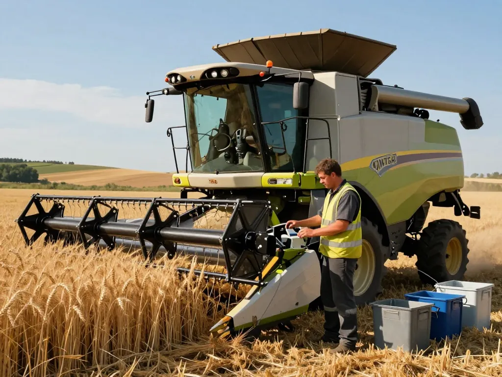 Operator adjusting controls on New Holland TR88 combine harvester during wheat harvest, showcasing agricultural technology.