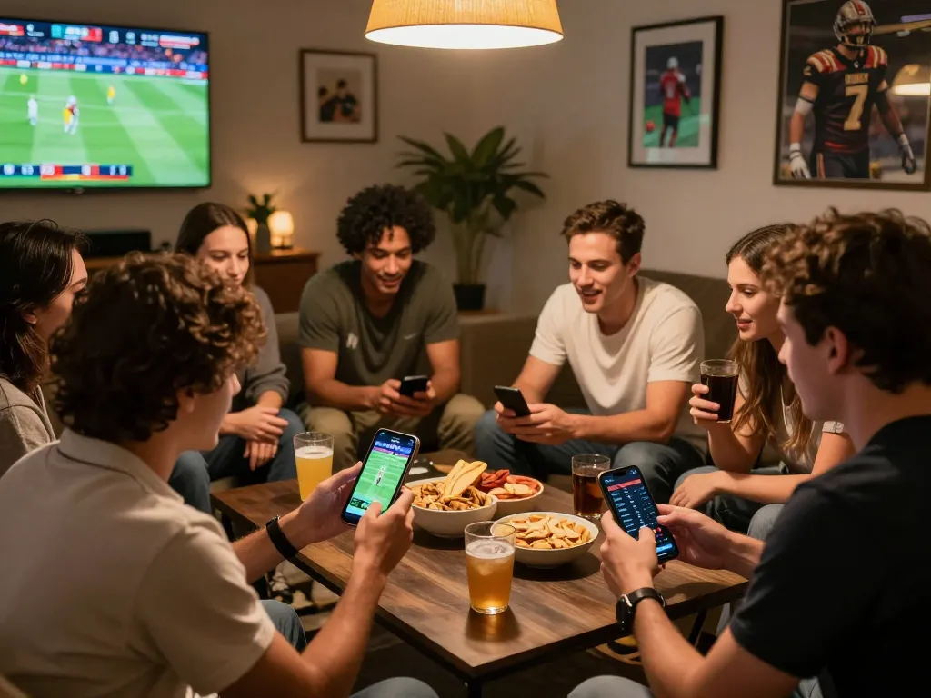Friends enjoying live sports betting with 23win app on smartphone and snacks at their gathering.