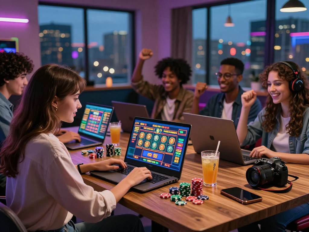 Friends enjoying an exciting crypto casino gaming experience in a vibrant lounge with neon lights.