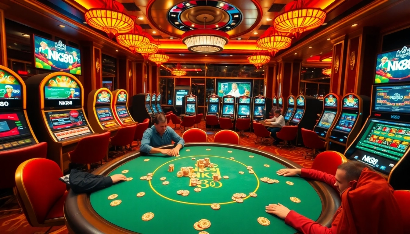 NK88 players enjoying high-stakes poker in a vibrant casino environment.
