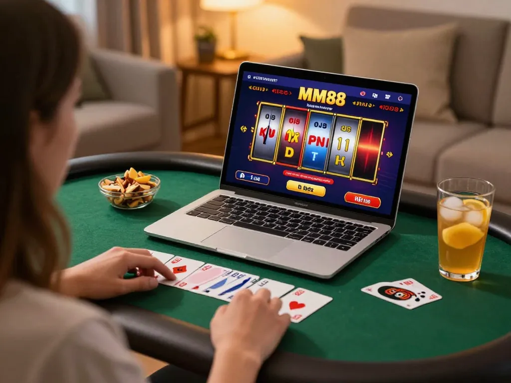 Engaging moment of online gaming on MM88 with spinning reels, cozy home atmosphere