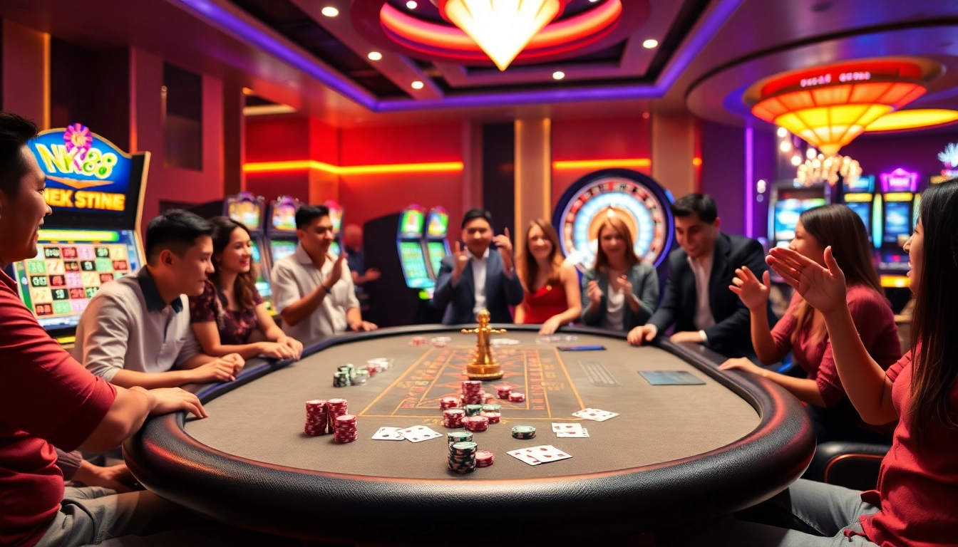 High-energy NK88 gaming table action with players and vibrant casino elements.