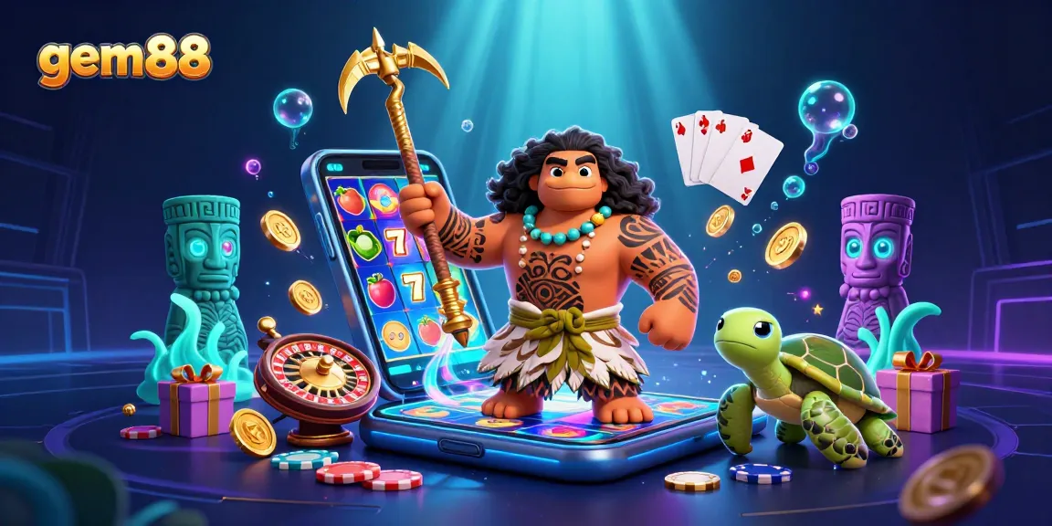 Spin colorful reels and win big at gem88's vibrant online casino featuring lively characters and gaming elements.