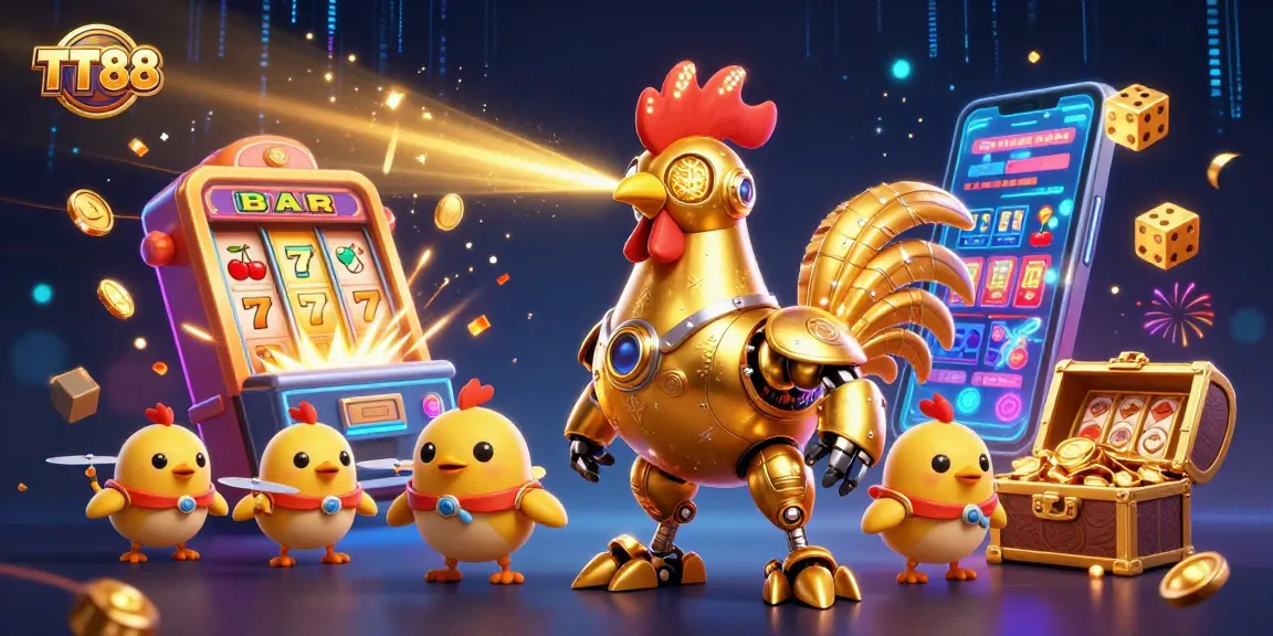 Engage in thrilling gaming experiences with TT88's engaging slot machine, enhanced by a futuristic golden rooster character.