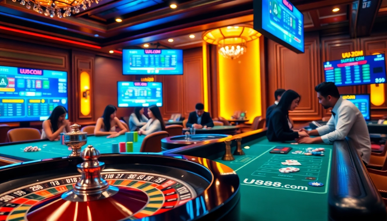 Players enjoying excitement at UU88.com with vibrant casino tables, roulette wheel, and poker chips.