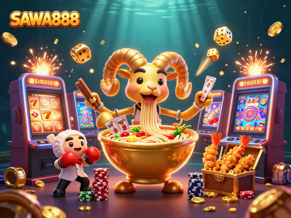 Experience SAWA888 with a vibrant casino scene featuring a golden ramen bowl and exciting jackpots.