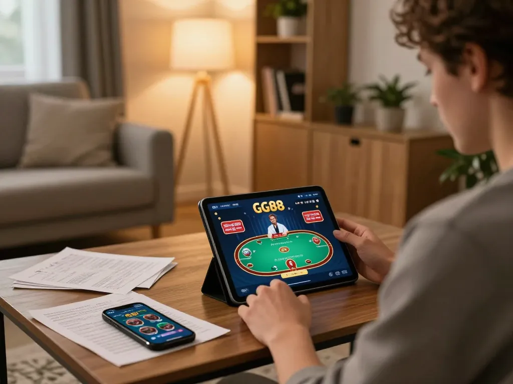 Enjoying GG88 online gaming experience at home with focused tablet view of poker action and cozy setup.