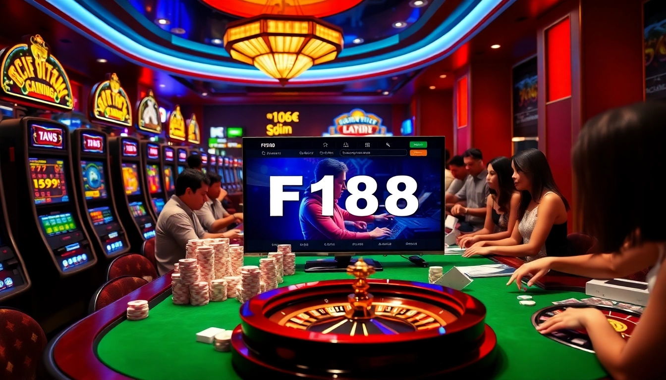 F168 players enjoy thrilling casino games surrounded by vibrant lights and poker chips.