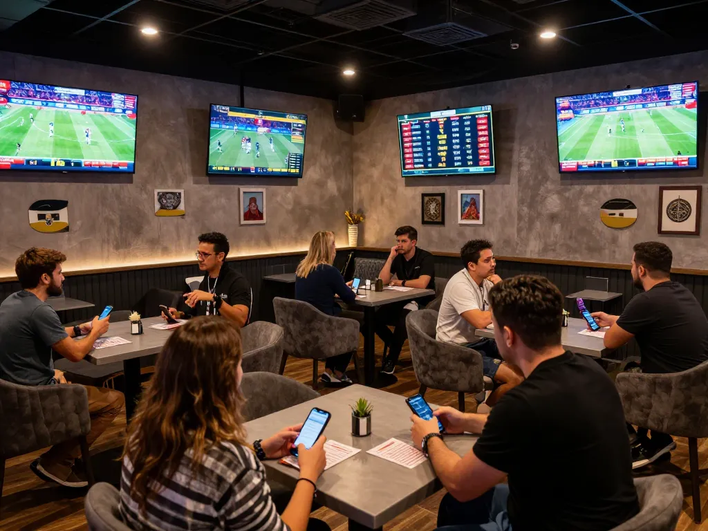 dt68 bettors engaging in live sports betting action at a stylish lounge with multiple screens