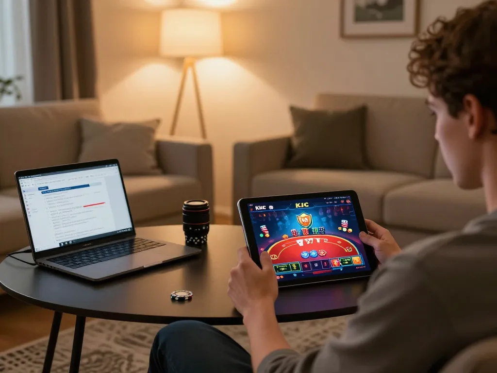 KJC player engaged with online casino app, showcasing vibrant game interface in cozy living room.