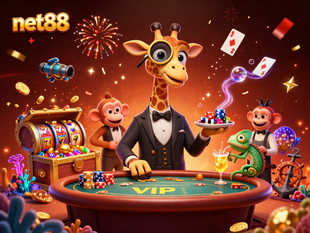 Experience the excitement of net88 with a high-roller giraffe at a lively casino scene.