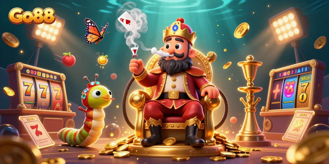 Engage in thrilling gameplay at Go88 with an enchanting 3D illustration of a hookah-master caterpillar and slot elements.