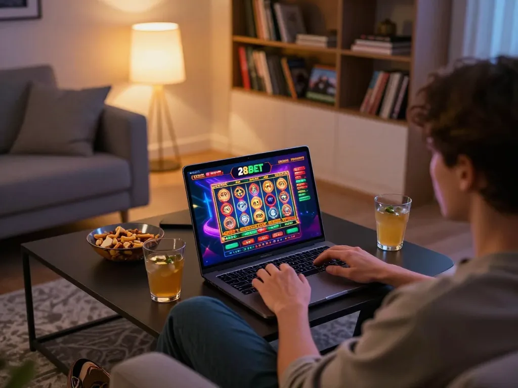 A player engaging with 28bet8 online casino on a cozy home gaming setup, laptop showing gaming interface with vibrant graphics.