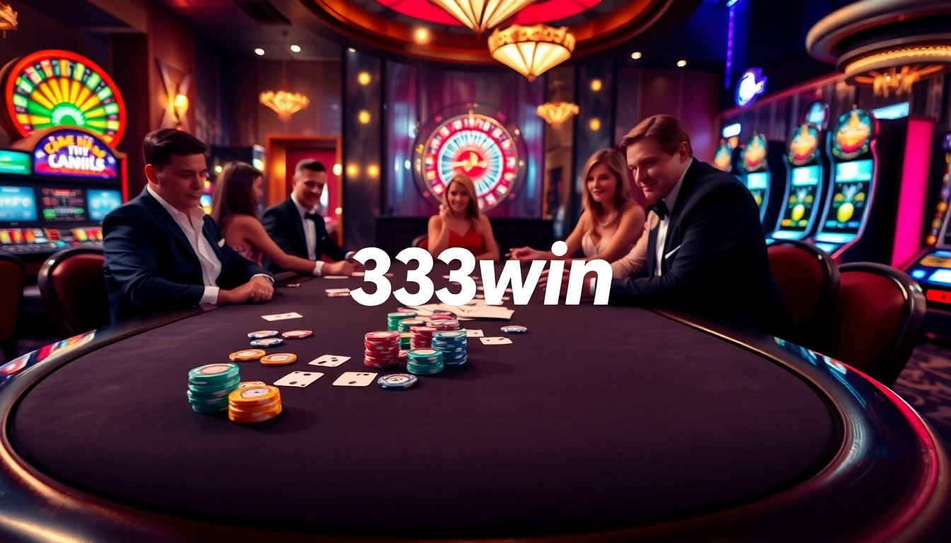 Players engaged in a thrilling poker game at 33win casino, surrounded by vibrant gaming elements.