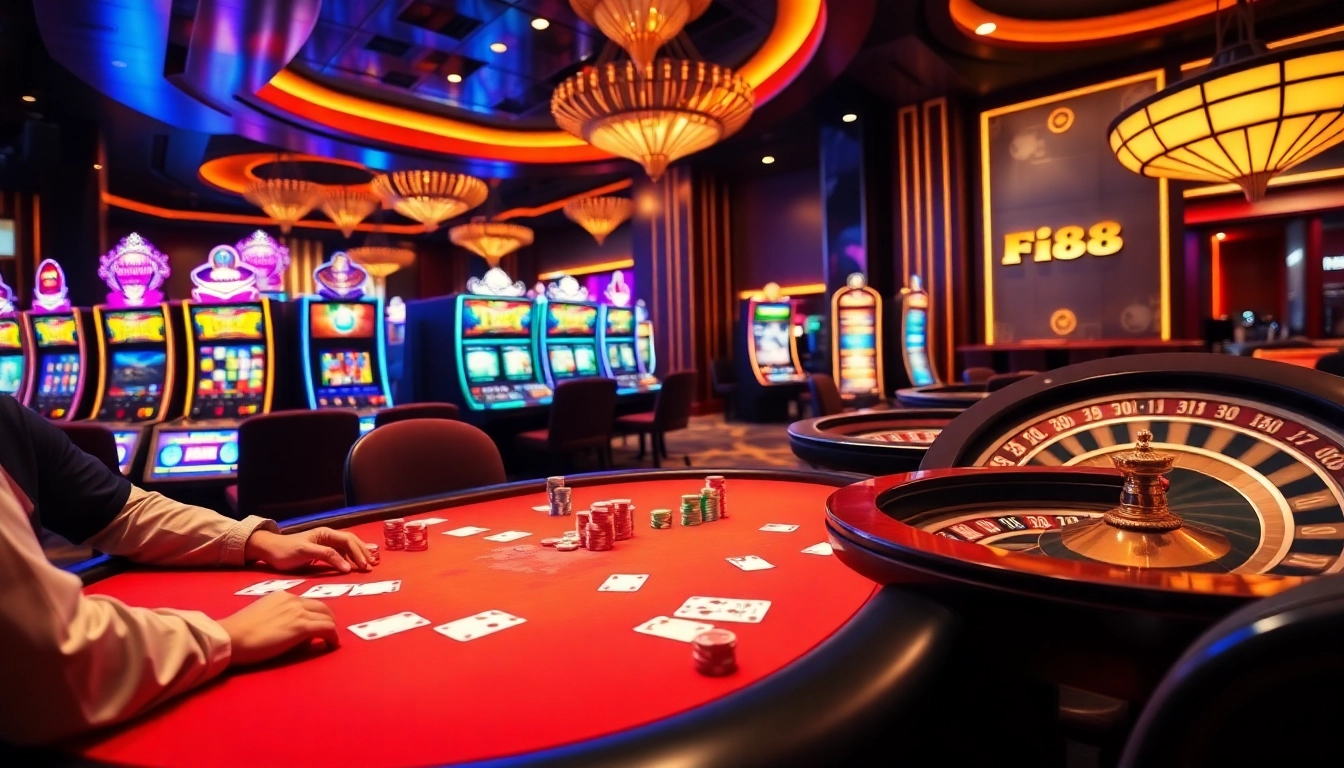 Engaged players at a luxurious poker table in Fi88 casino scene with colorful chips, cards, and slot machines.