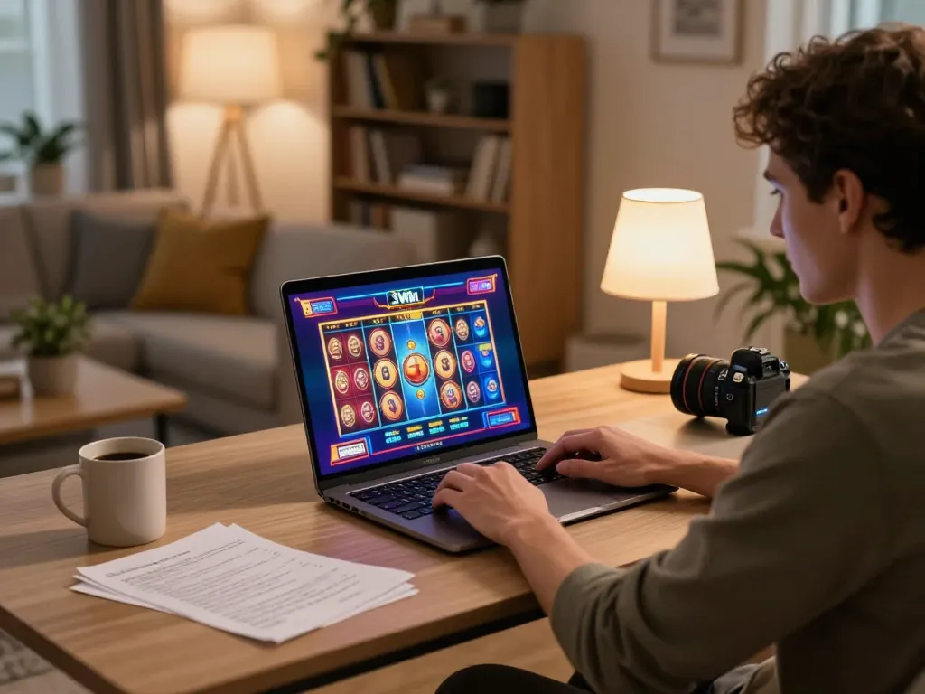 Player enjoying 3Win online gaming on a sleek laptop in a cozy home setting, highlighting strategic enjoyment and responsible gambling