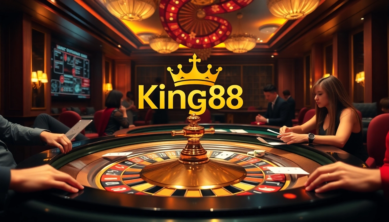 Exciting scene at King88 casino with players engaged in games, poker chips, and a roulette wheel.