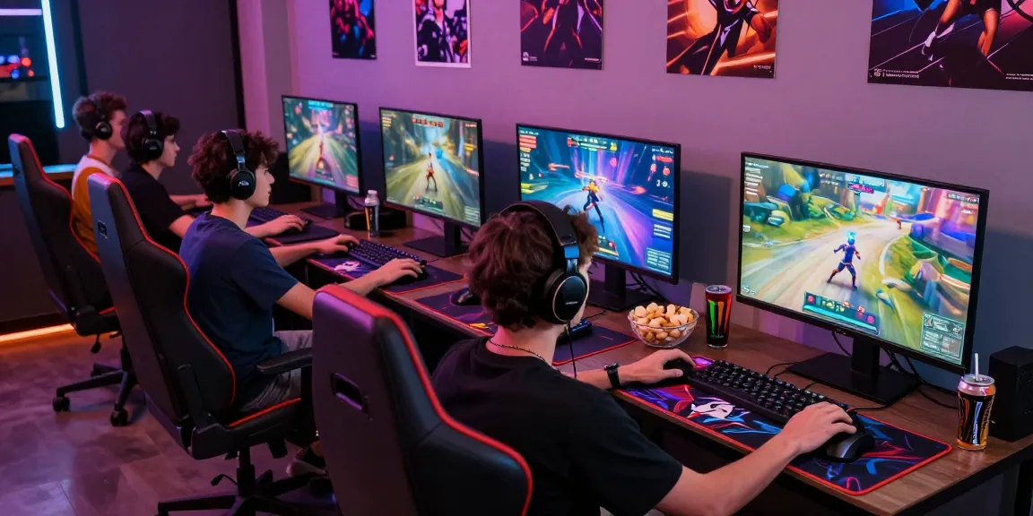 Friends playing MMOO games in a vibrant gaming lounge with modern decor and snacks.