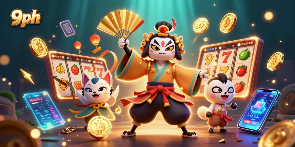 Engage with thrilling slot games featuring 9ph characters amidst vibrant casino elements.