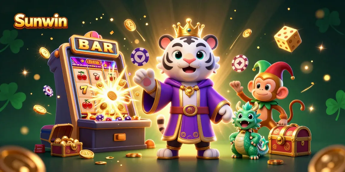 Sunwin casino illustration showcasing vibrant characters and thrilling gaming elements in 3D.