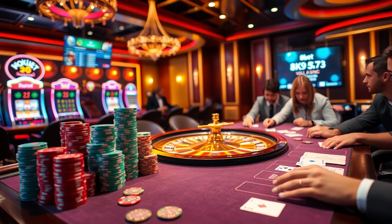 Engaging 8kbet online casino scene with poker chips, roulette wheel, and excited players.