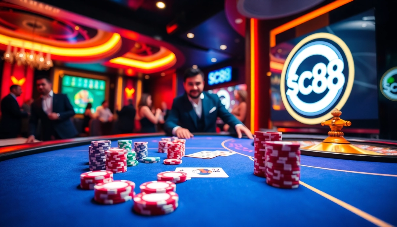 Experience the thrill of sc88 at a vibrant casino table with excited players and colorful chips.