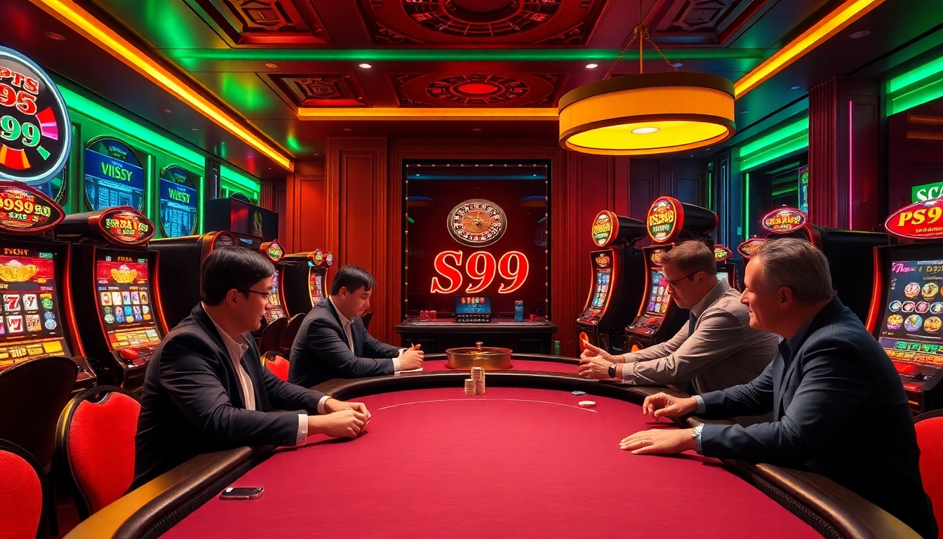 Players enjoying a thrilling poker game at PS99 casino, surrounded by vibrant slot machines.