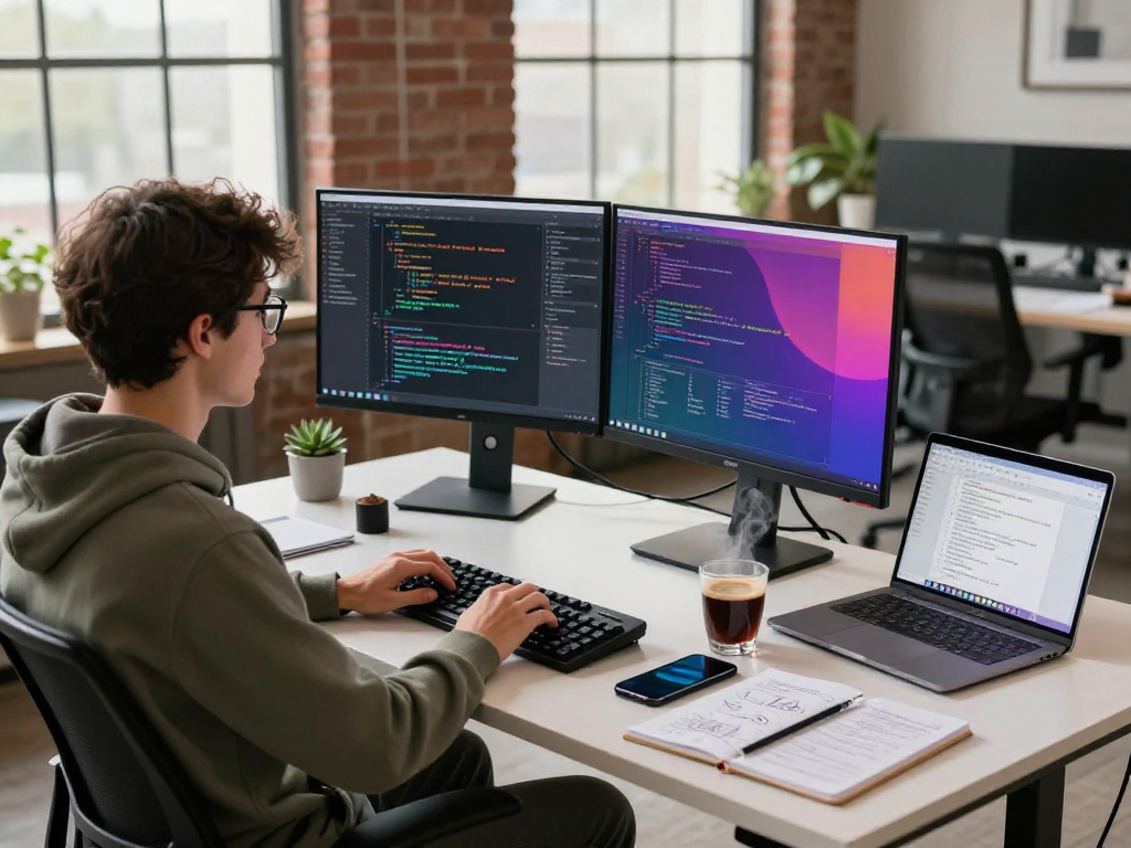 Software developer coding on monitors in a modern workspace with IDXSTAR project displayed, showcasing creativity and focus.