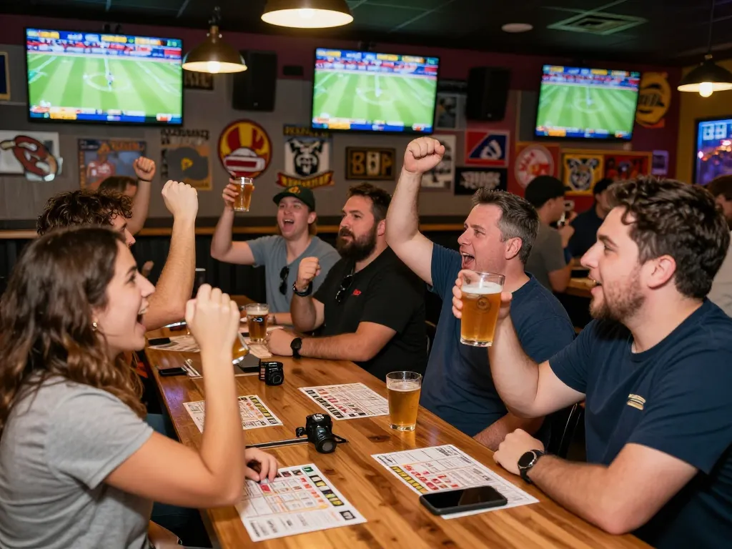 Engaging gk88 sports betting scene with fans cheering at a bar and displaying active betting slips.