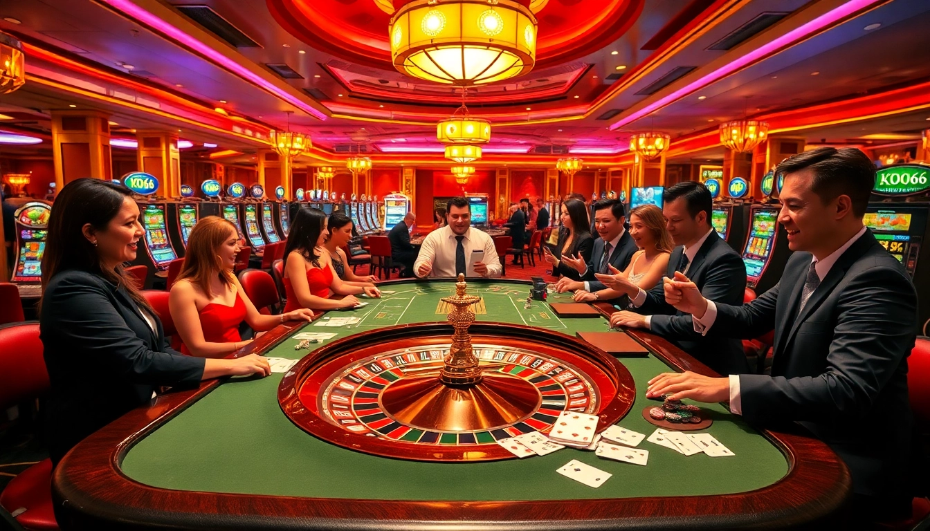 Các người chơi KO66 ăn mừng chiến thắng tại một bàn casino sang trọng với roulette và bài.