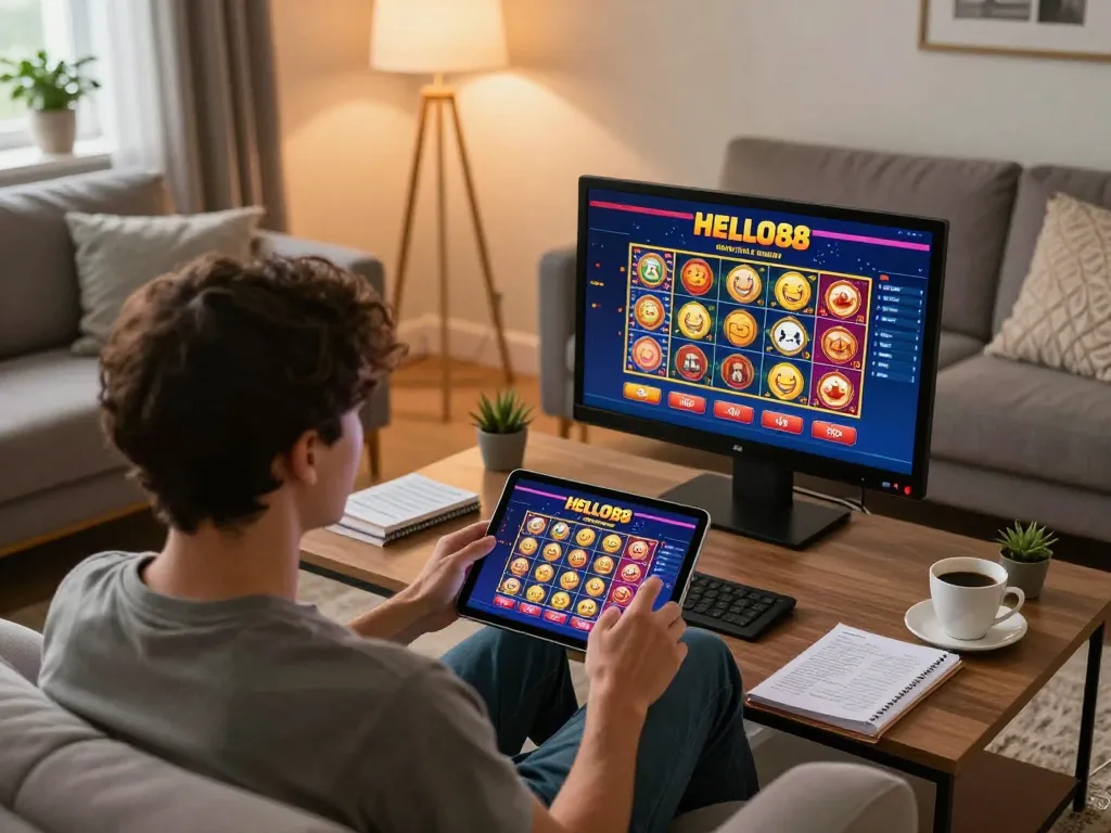 Engaged player enjoying HELLO88 online casino on tablet, showcasing vibrant gaming interface and strategic gameplay.