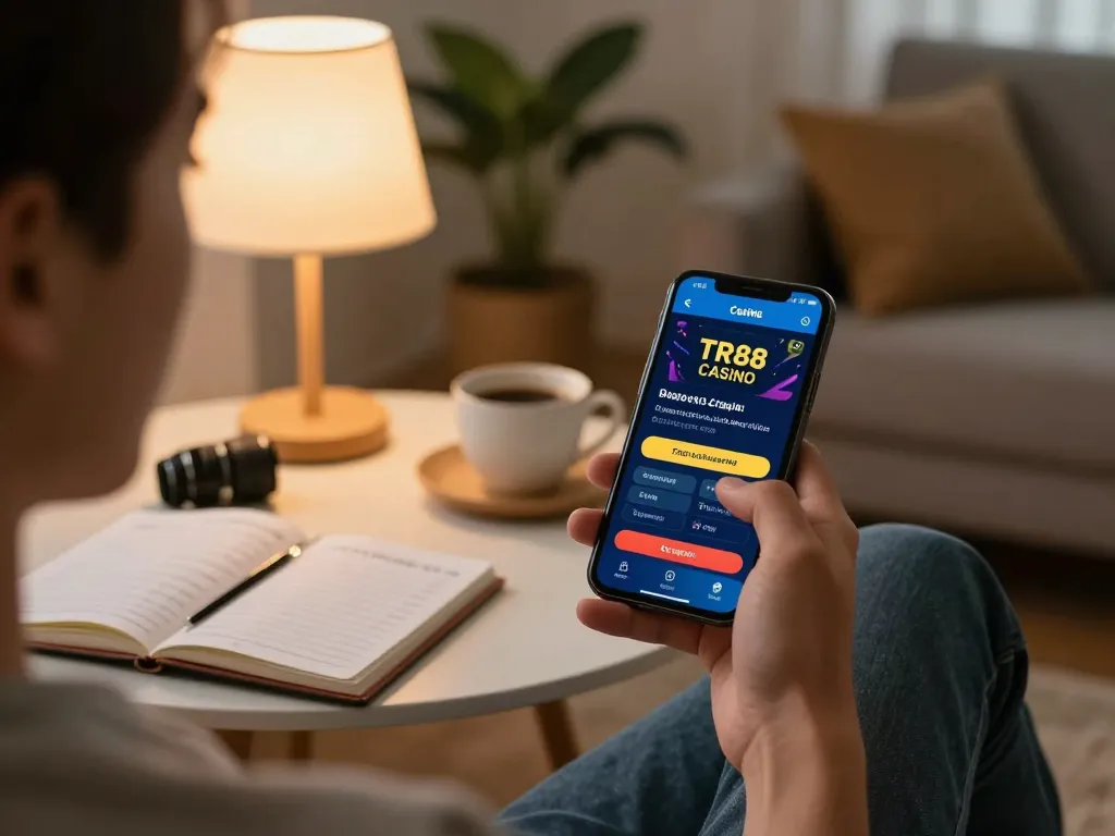 Engaging with TR88 app on smartphone during a cozy home gaming session.