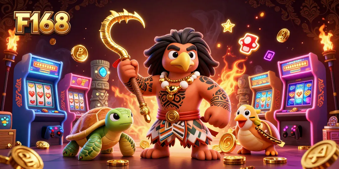 Experience thrilling gaming at F168 with colorful arcade machines and captivating characters.