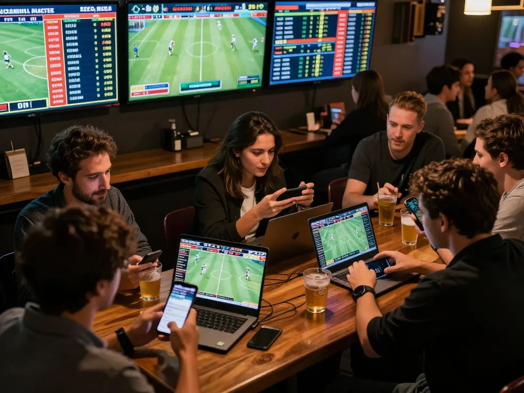 Sports betting session with Bongdalu highlighted, showcasing bettors analyzing odds on multiple screens in a lively bar.