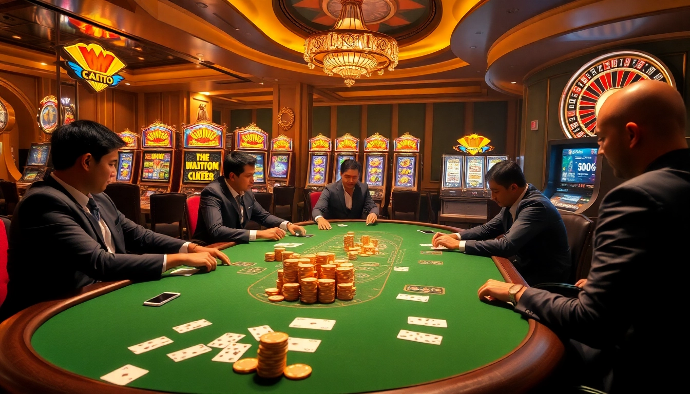 Engage with the thrilling world of Emastoto, showcasing an exciting casino scene with poker games, spinning roulette, and vibrant slot machines.