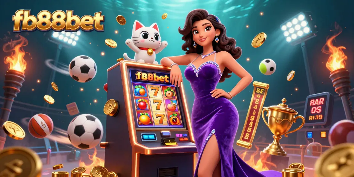 Experience thrill with fb88bet at vibrant 3D casino scene featuring jackpot, sports balls, and excitement.
