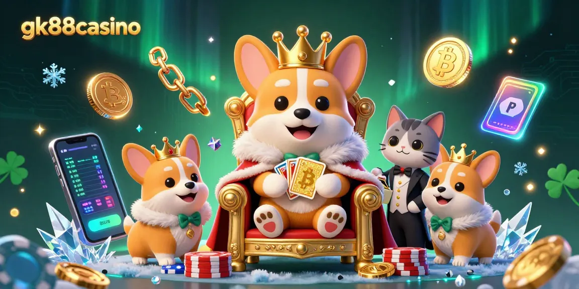 Experience the excitement of gk88casino with a lively illustration of a royal corgi crown atop poker chips, presenting thrilling gaming elements.