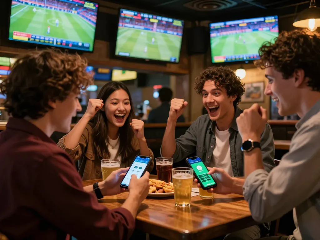 Person engaging in sports betting on their smartphone at a social sports bar, showcasing Bsport's betting capabilities and excitement.